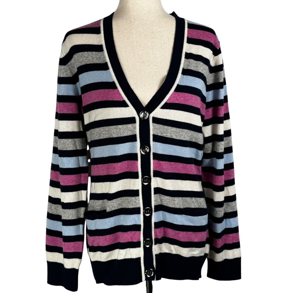 Quiet Luxury! Like new Bobby Jones 100% Cashmere Striped V-Neck Cardigan Size XL